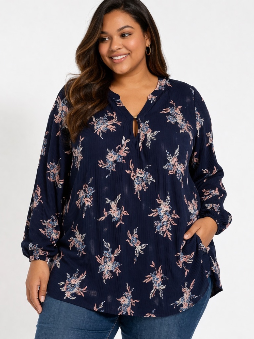 Lane Bryant Floral Tunic Top 14/16 Blue Boho Long Sleeve Plus